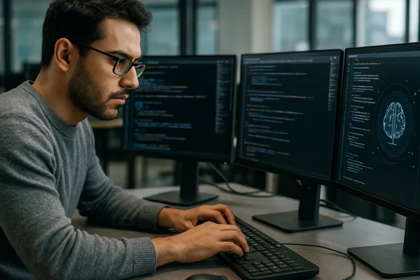 A software developer focused on coding at a desk with multiple monitors showing AI and speech synthesis interfaces.