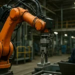 An industrial robot arm working in a factory with multiple cameras and a technician observing nearby equipment.