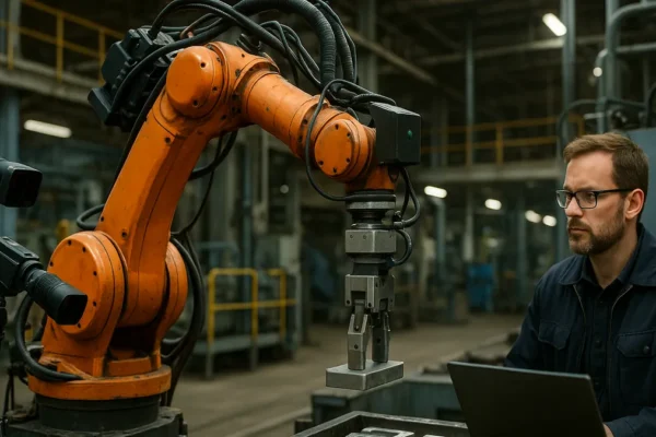 An industrial robot arm working in a factory with multiple cameras and a technician observing nearby equipment.