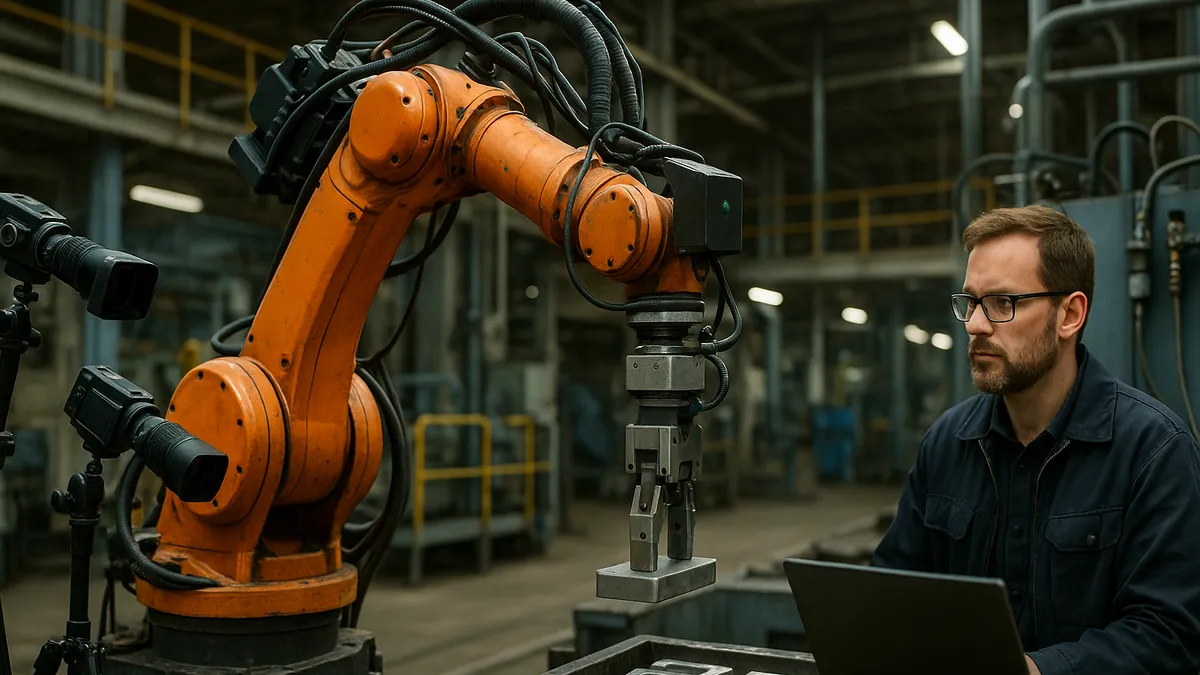 An industrial robot arm working in a factory with multiple cameras and a technician observing nearby equipment.