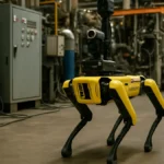 Boston Dynamics Spot robot navigating a factory floor performing inspection tasks with visible machinery and control panels.