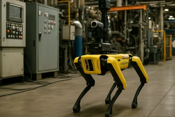 Boston Dynamics Spot robot navigating a factory floor performing inspection tasks with visible machinery and control panels.