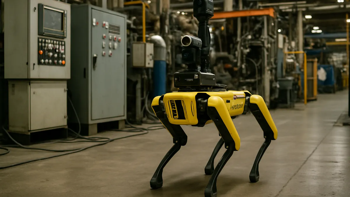 Boston Dynamics Spot robot navigating a factory floor performing inspection tasks with visible machinery and control panels.