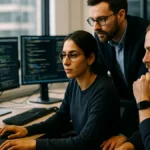 Cybersecurity professionals collaborating in an office, working on computers with code and security data visible on screens.