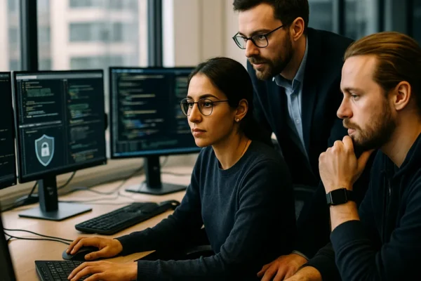 Cybersecurity professionals collaborating in an office, working on computers with code and security data visible on screens.