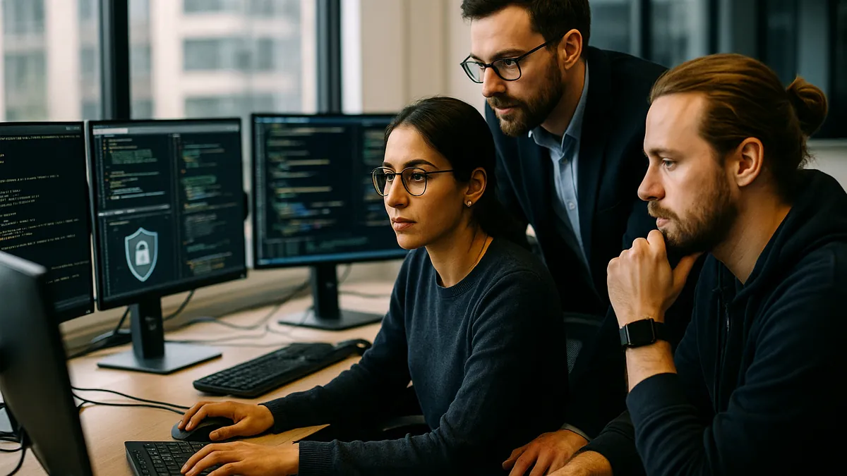 Cybersecurity professionals collaborating in an office, working on computers with code and security data visible on screens.