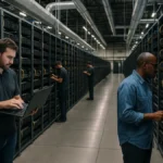 Interior view of a data center with multiple GPU servers and cooling units, technicians monitoring the equipment in a large facility.
