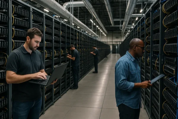 Interior view of a data center with multiple GPU servers and cooling units, technicians monitoring the equipment in a large facility.