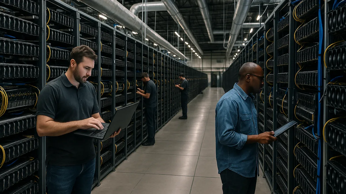 Interior view of a data center with multiple GPU servers and cooling units, technicians monitoring the equipment in a large facility.