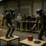 Robots performing tasks in a robotics competition arena with engineers observing in the background.