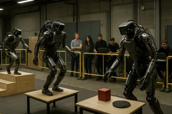 Robots performing tasks in a robotics competition arena with engineers observing in the background.