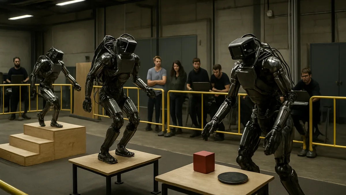 Robots performing tasks in a robotics competition arena with engineers observing in the background.