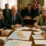 State officials in a government meeting room discussing Colorado River water rights with maps and papers on the table.