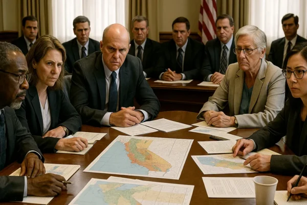 State officials in a government meeting room discussing Colorado River water rights with maps and papers on the table.