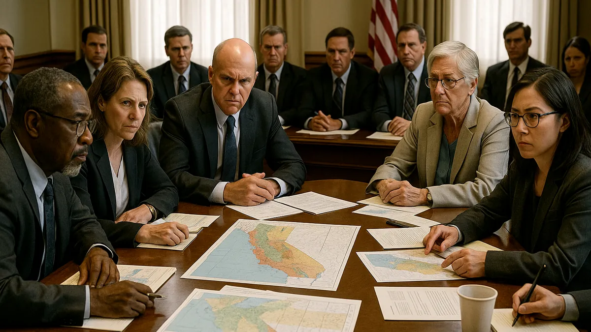 State officials in a government meeting room discussing Colorado River water rights with maps and papers on the table.