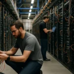Technicians working inside an AI data center among server racks and electrical equipment in a realistic, well-lit environment.