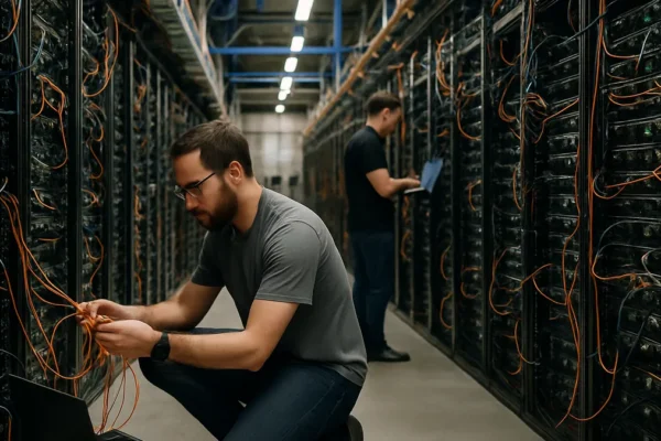 Technicians working inside an AI data center among server racks and electrical equipment in a realistic, well-lit environment.