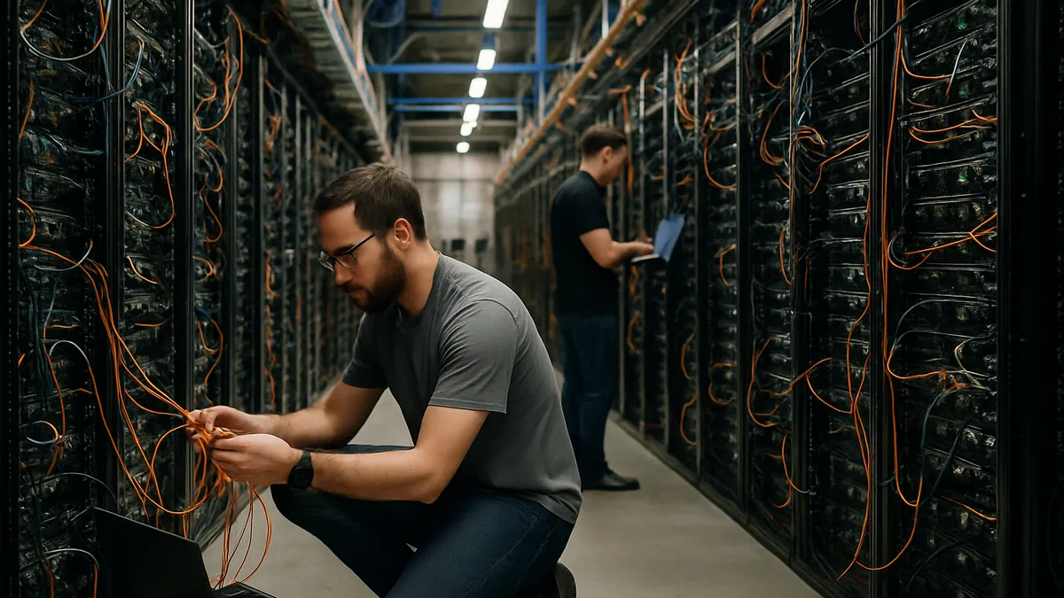 Technicians working inside an AI data center among server racks and electrical equipment in a realistic, well-lit environment.