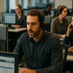 A busy call center with diverse agents wearing headsets working at computers with CRM software visible on screens.