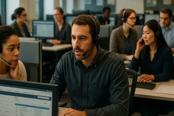 A busy call center with diverse agents wearing headsets working at computers with CRM software visible on screens.
