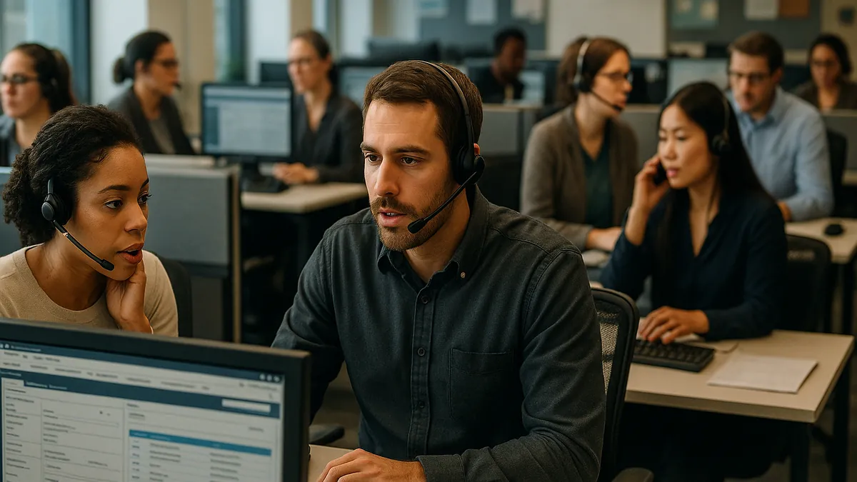 A busy call center with diverse agents wearing headsets working at computers with CRM software visible on screens.