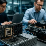 A detailed view of AI inference hardware and engineers working on computing modules in a modern lab setting.