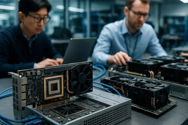 A detailed view of AI inference hardware and engineers working on computing modules in a modern lab setting.