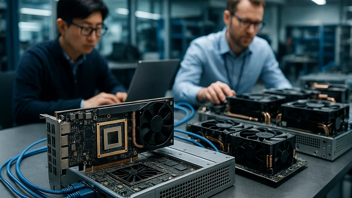 A detailed view of AI inference hardware and engineers working on computing modules in a modern lab setting.