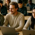 A diverse group of people working on laptops and mobile devices in a modern co-working space