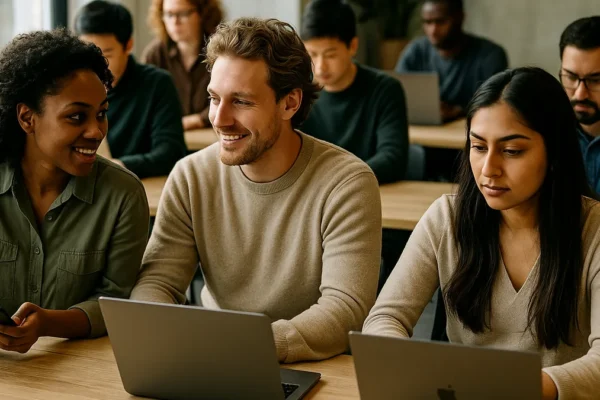 A diverse group of people working on laptops and mobile devices in a modern co-working space