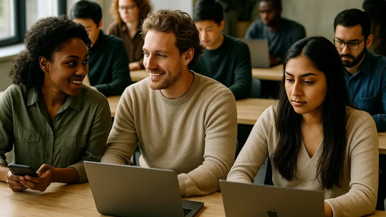 A diverse group of people working on laptops and mobile devices in a modern co-working space