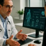 A doctor consulting with a patient using AI-assisted technology displayed on a computer screen in a clinical setting.