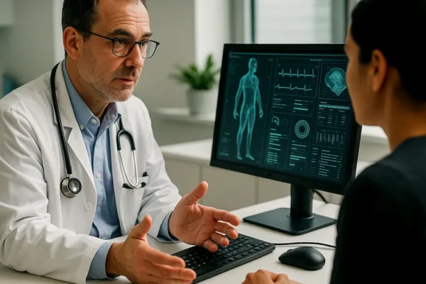 A doctor consulting with a patient using AI-assisted technology displayed on a computer screen in a clinical setting.