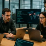 A group of cybersecurity experts working together around a table with laptops and monitors showing security data in an office setting.