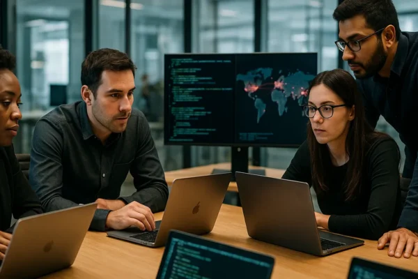 A group of cybersecurity experts working together around a table with laptops and monitors showing security data in an office setting.