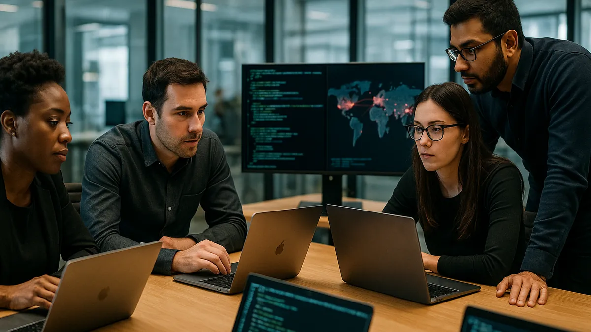 A group of cybersecurity experts working together around a table with laptops and monitors showing security data in an office setting.