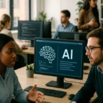 A group of professionals collaborating in a modern office with computers and AI-related displays visible on screens.