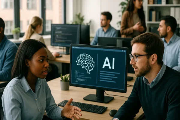 A group of professionals collaborating in a modern office with computers and AI-related displays visible on screens.