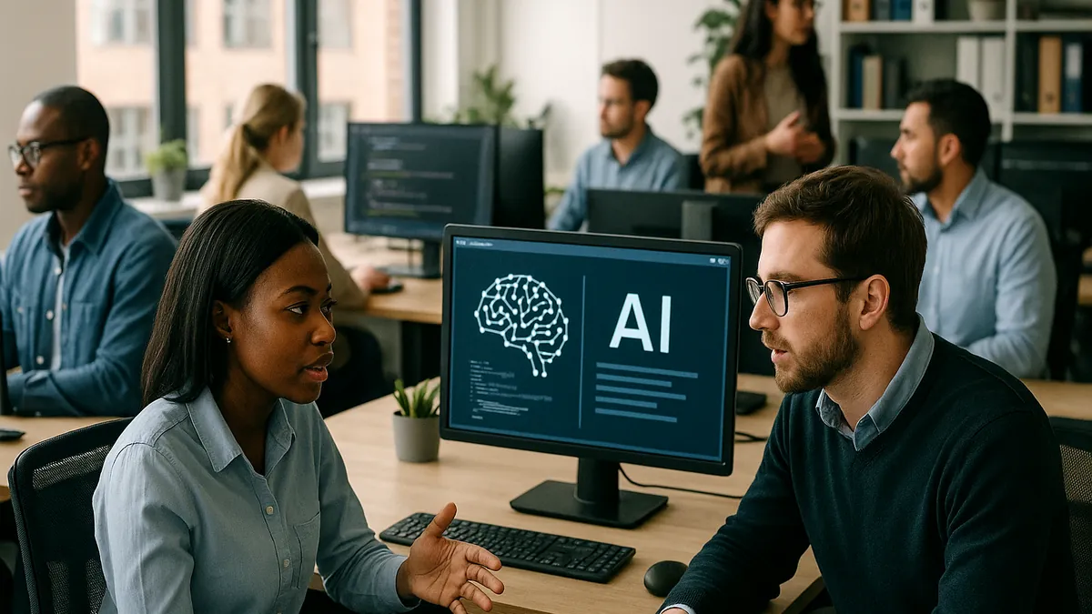 A group of professionals collaborating in a modern office with computers and AI-related displays visible on screens.