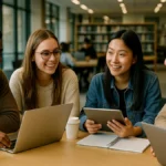 A group of university students studying together around a table with laptops and notebooks in a campus library setting.