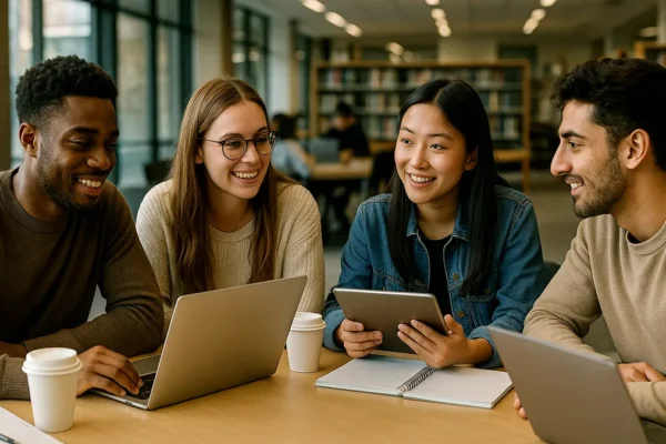 A group of university students studying together around a table with laptops and notebooks in a campus library setting.
