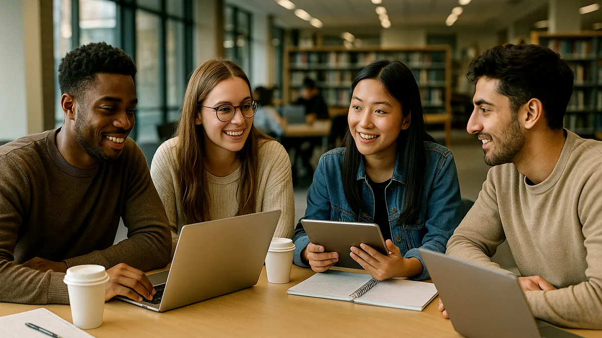 A group of university students studying together around a table with laptops and notebooks in a campus library setting.