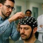A patient wearing a brain-computer interface device with visible electrodes and embedded hardware, assisted by medical staff in a clinical lab setting.