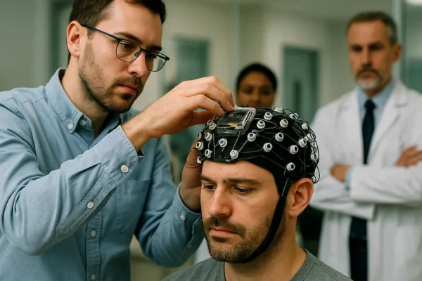 A patient wearing a brain-computer interface device with visible electrodes and embedded hardware, assisted by medical staff in a clinical lab setting.