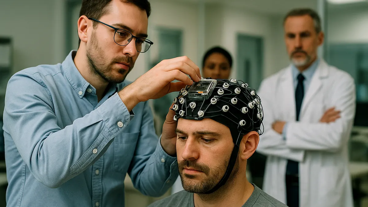 A patient wearing a brain-computer interface device with visible electrodes and embedded hardware, assisted by medical staff in a clinical lab setting.