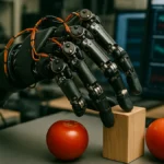 A robotic hand with tactile sensors manipulating objects on a lab table with computers showing sensor data in the background.
