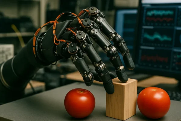 A robotic hand with tactile sensors manipulating objects on a lab table with computers showing sensor data in the background.
