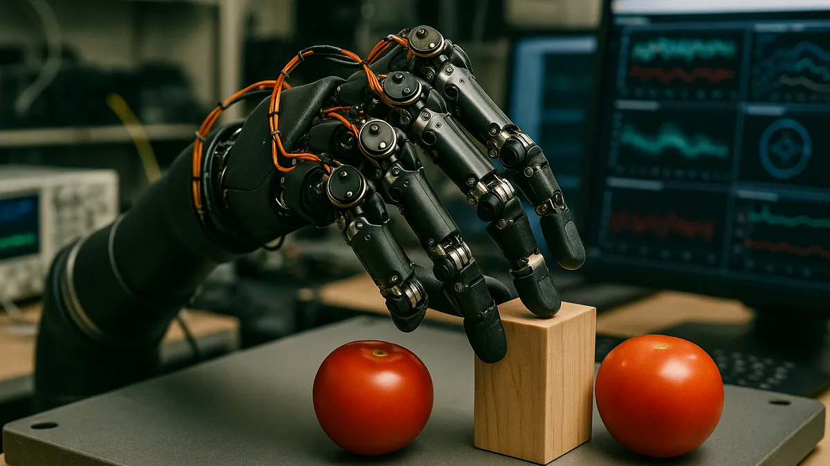 A robotic hand with tactile sensors manipulating objects on a lab table with computers showing sensor data in the background.