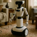 A robotic home assistant moving through a cluttered living room with visible furniture, rugs, and cords, demonstrating indoor navigation capabilities.