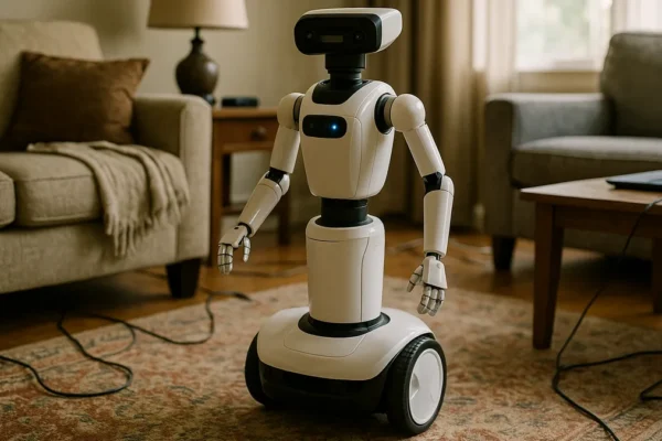 A robotic home assistant moving through a cluttered living room with visible furniture, rugs, and cords, demonstrating indoor navigation capabilities.